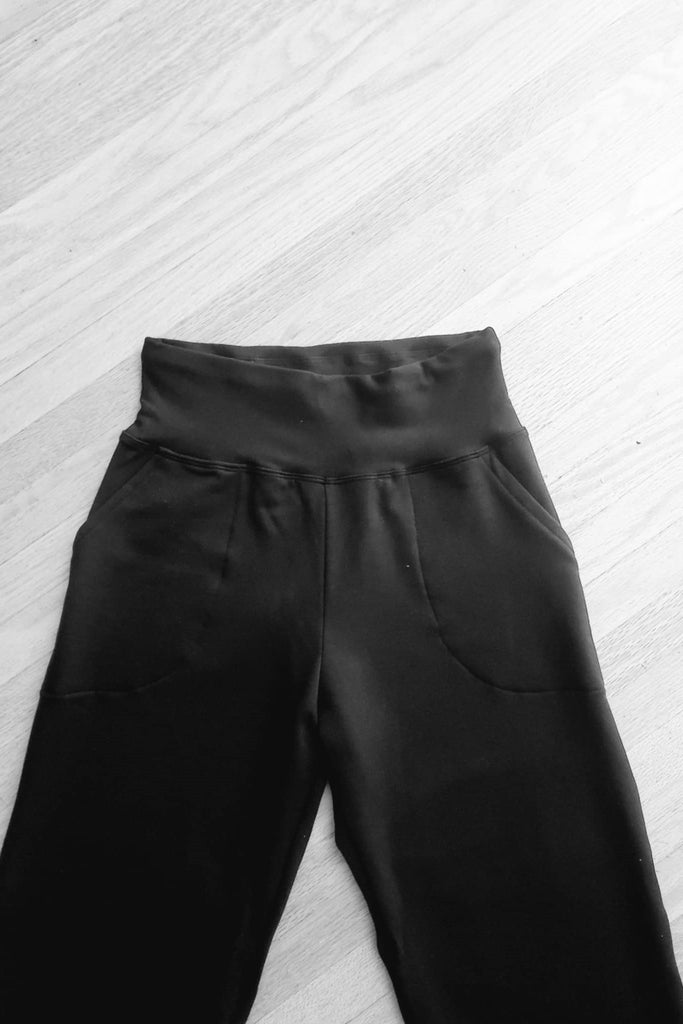 Bamboo high-waisted black pants with pockets.  Made in Canada