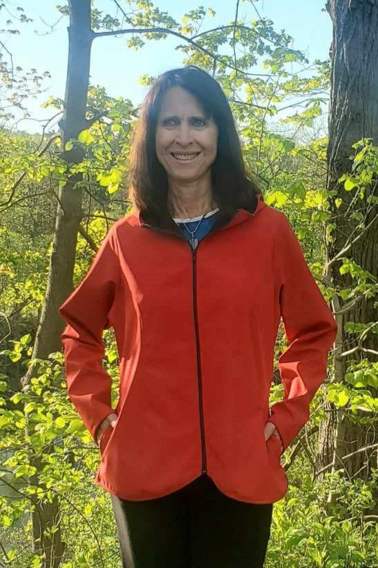 Hooded waterproof short jacket in red.  Made in Canada