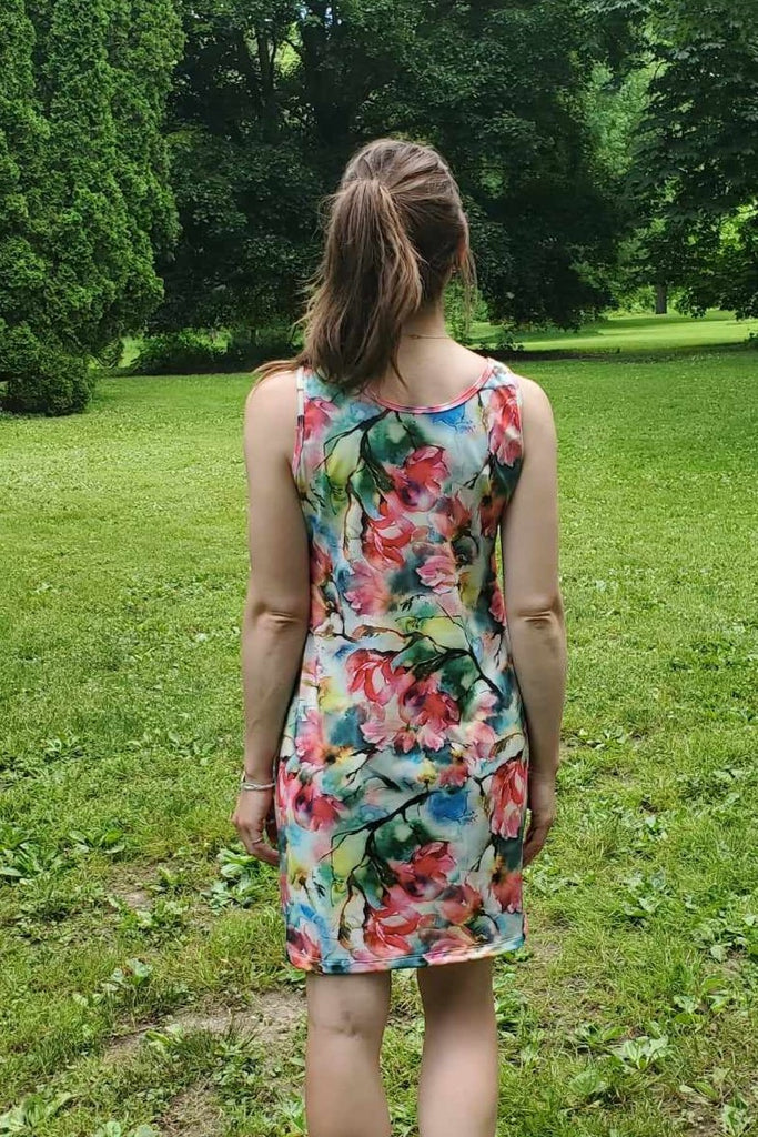 Floral print summer dress, wrinkle free.  Made in Canada