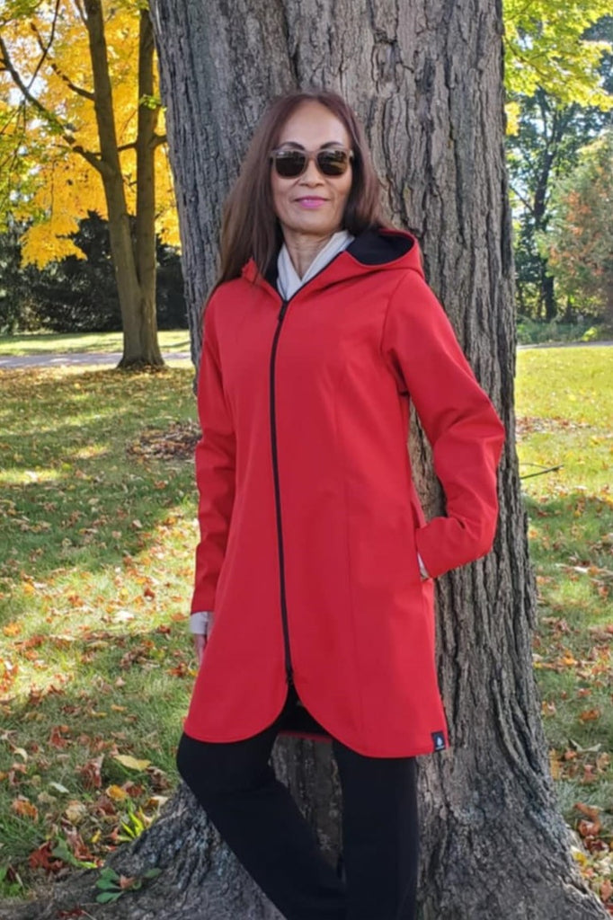 Long length waterproof and Windproof, fleece lined jacket red. Made in Canada