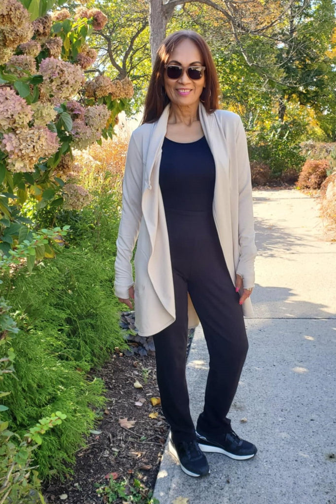 Unbuttoned cocoon wrap for women with pockets, cozy and comfortable to wear, thumb holes in sleeves.  Biscotti colour.  Made in Canada