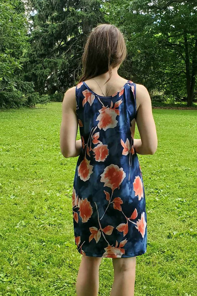 Orange floral print summer dress, wrinkle free.  Made in Canada