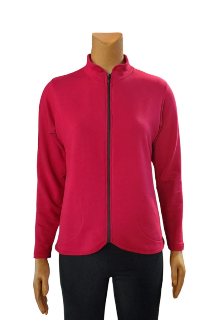 Hip length bamboo fleece jacket with in seam pockets berry colour.  Made in Canada