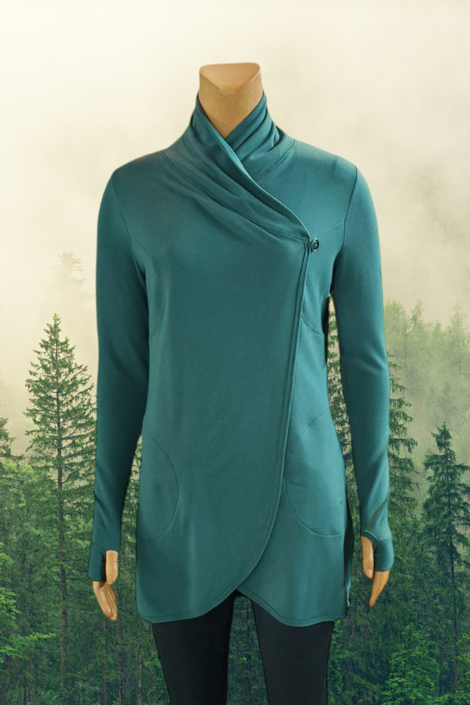Cocoon wrap for women with pockets, cozy and comfortable to wear, thumb holes in sleeves.  Made in Canada