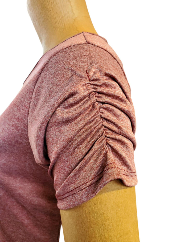 Technical fabric short sleeve t-shirt ruched sleeve detail.  Made in Canada
