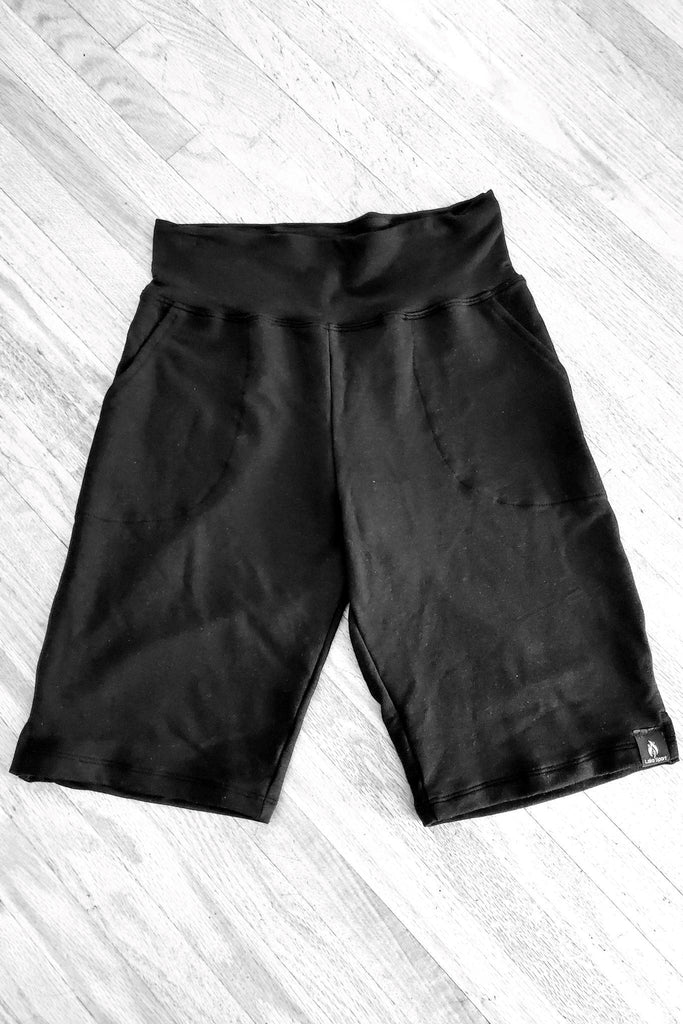 Black bamboo activewear shorts with pockets.  Made in Canada