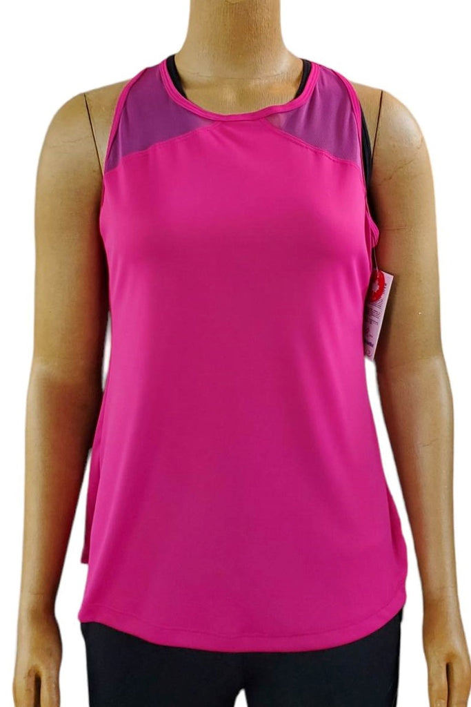 Hot pink tank top, breathable, fast-drying, wickable fabiric.  Mesh shoulder detail, long length.  Made in Canada