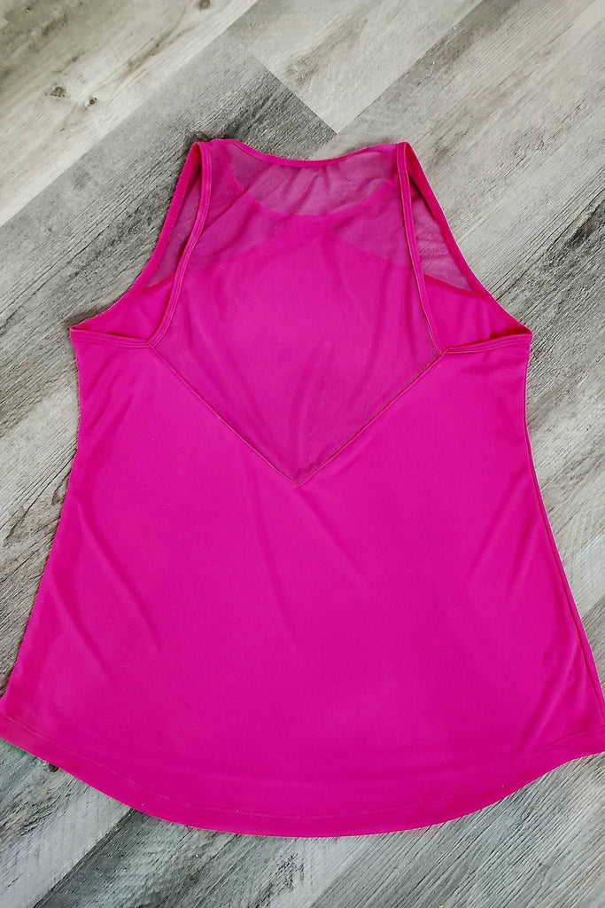 Hot pink tank top, breathable, fast-drying, wickable fabiric.  Mesh shoulder and back detail, long length.  Made in Canada