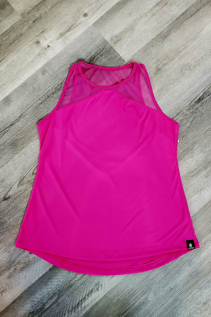 Hot pink tank top, breathable, fast-drying, wickable fabiric.  Mesh shoulder and back detail, long length.  Made in Canada