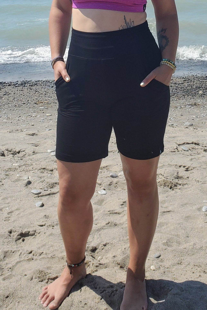 Black bamboo activewear shorts with pockets.  Made in Canada