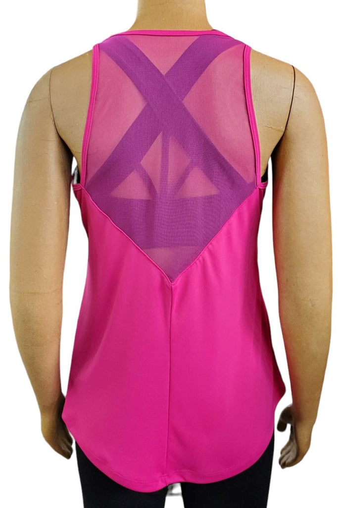 Hot pink tank top, breathable, fast-drying, wickable fabiric.  Mesh back detail, long length.  Made in Canada