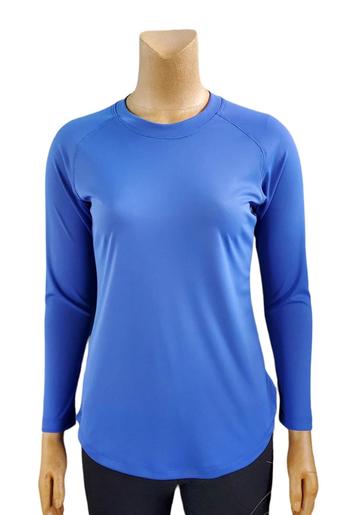 Breathable, fast-drying, wickable, non-toxic, fabric, periwinkle crew neck shirt with raglan long sleeve.  UV protective shirt