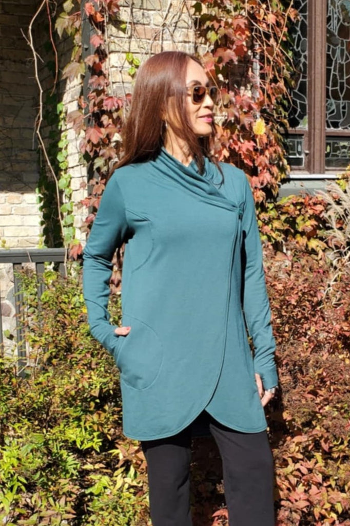 Cocoon wrap for women with pockets, cozy and comfortable to wear, thumb holes in sleeves.  Made in Canada