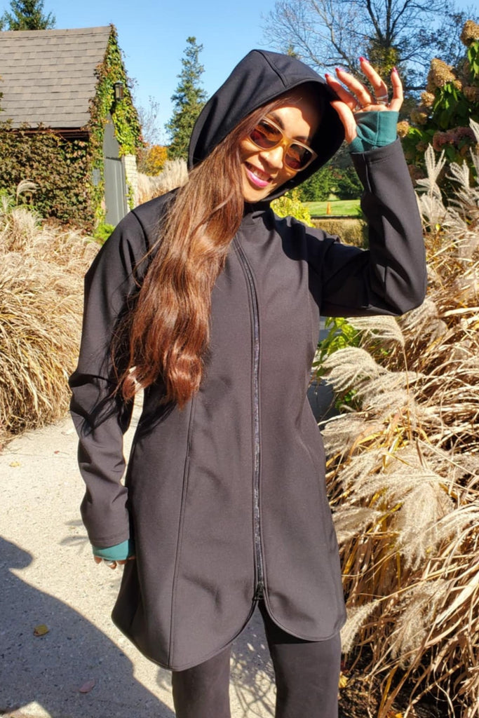 Hooded, long length waterproof and Windproof, fleece lined jacket black