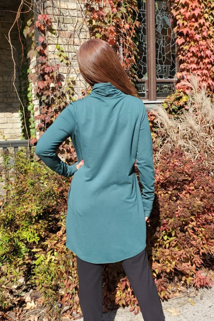 Cocoon wrap for women with pockets, cozy and comfortable to wear, thumb holes in sleeves.  Evergreen colour.  Made in Canada