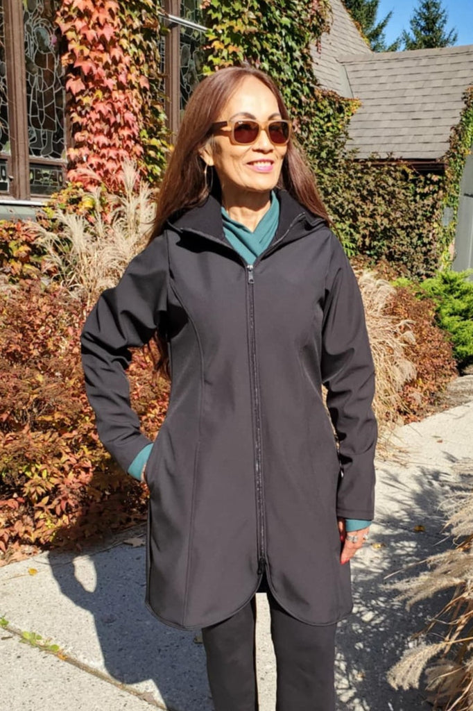Hooded, long length waterproof and Windproof, fleece lined jacket black