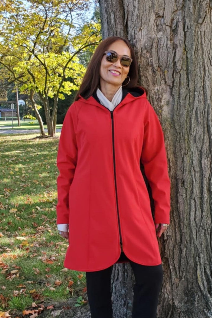 Long length waterproof and Windproof, fleece lined jacket red. Made in Canada