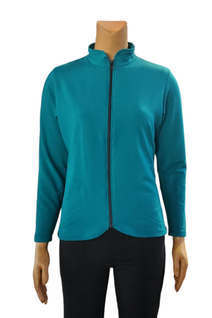 Hip length bamboo fleece jacket with in seam pockets peacock colour.  Made in Canada