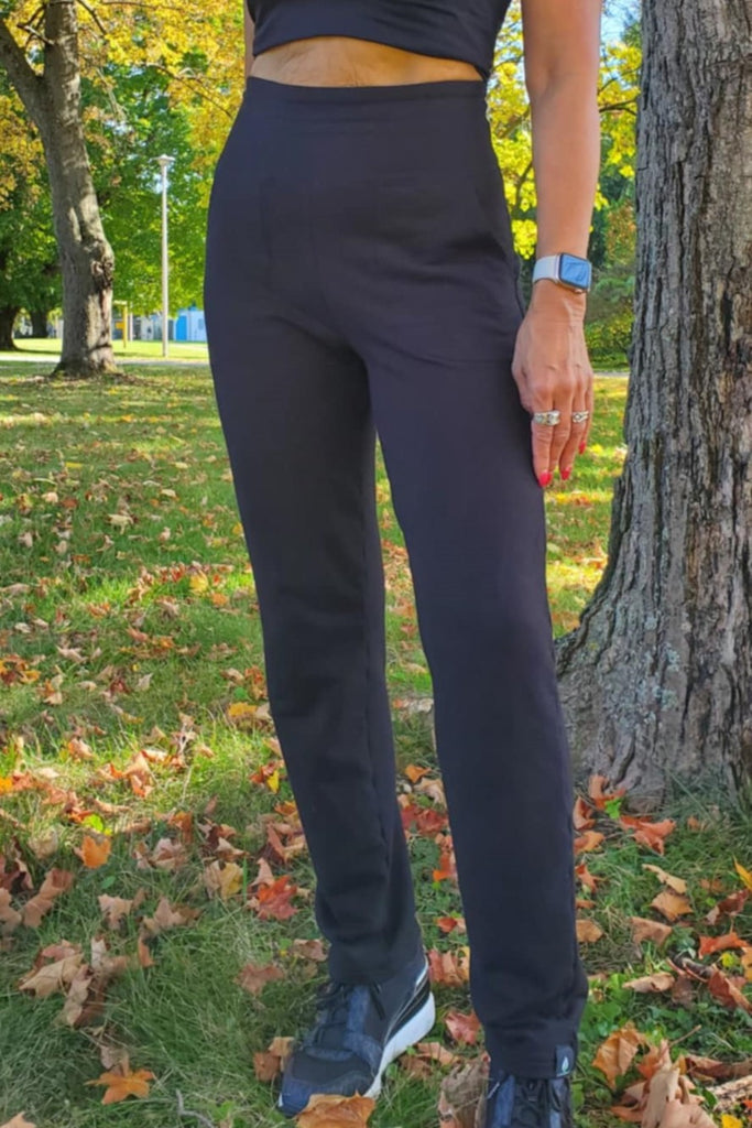 Bamboo high-waisted black pants with pockets.  Made in Canada