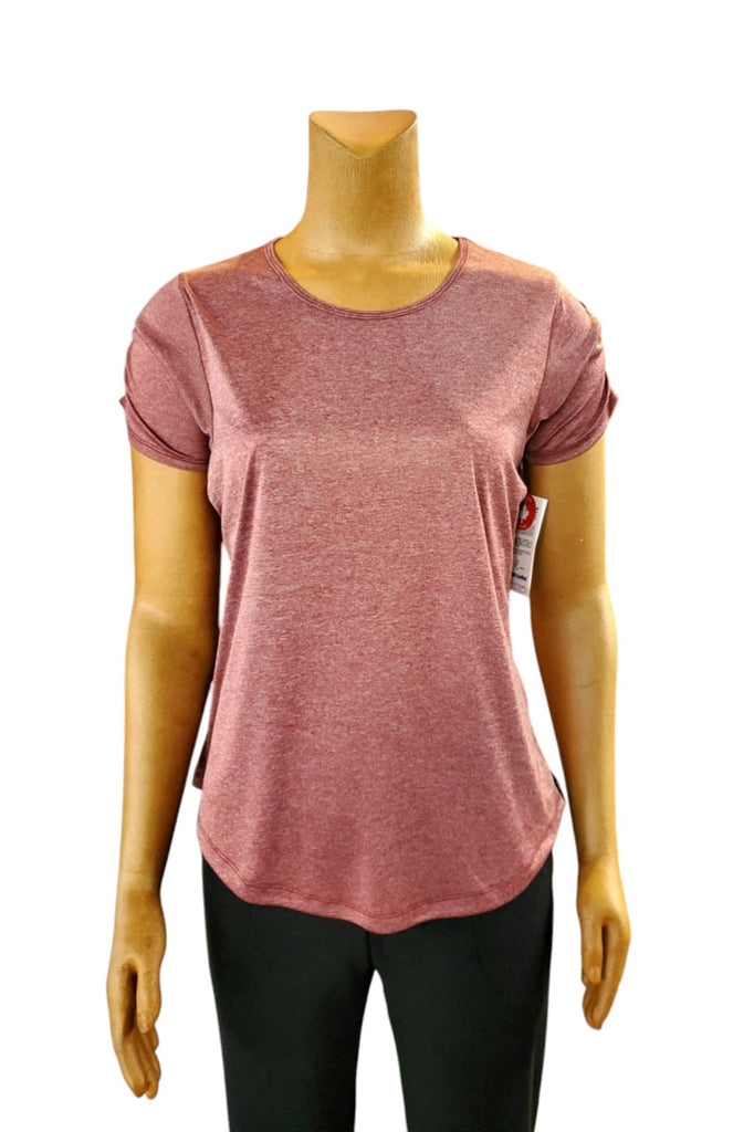 Short sleeve technical fabric tee with crew neck, ruched sleeve detail, faded wine colour.  Made in Canada