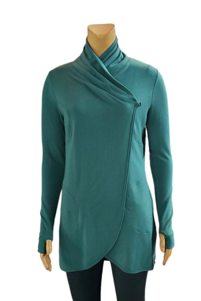 Cocoon wrap for women with pockets, cozy and comfortable to wear, thumb holes in sleeves.  Made in Canada