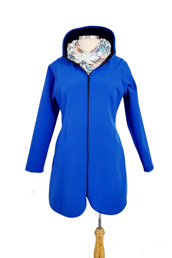 Long length waterproof and Windproof, fleece lined blue jacket.  Made in Canada