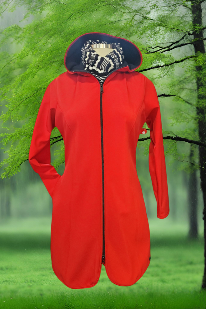 Long length waterproof and Windproof, fleece lined jacket red. Made in Canada