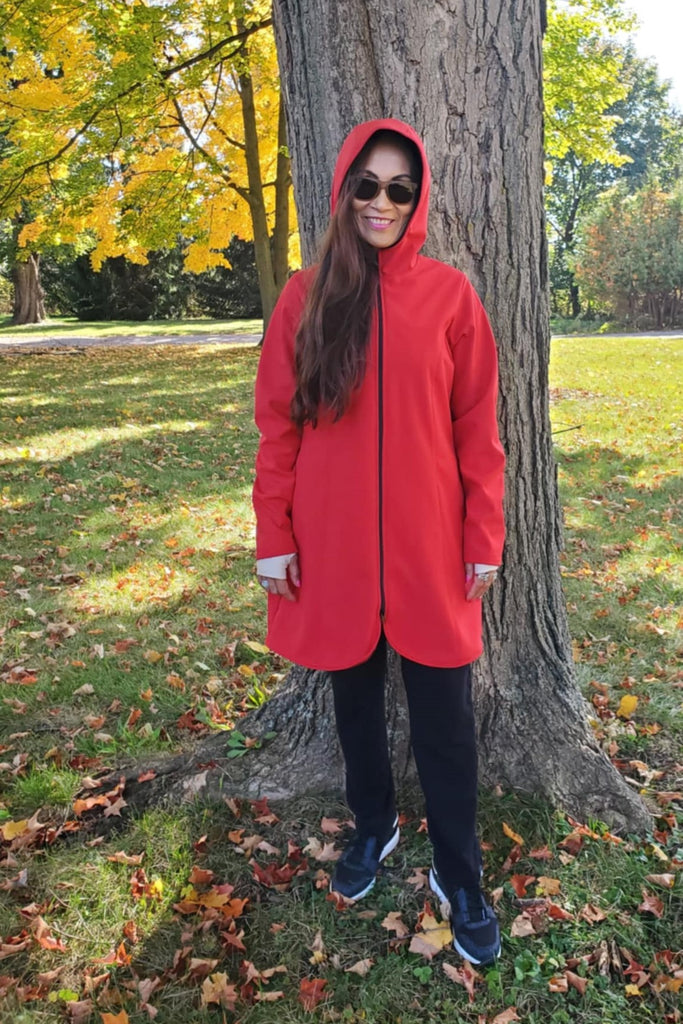Long length waterproof and Windproof, fleece lined jacket red. Made in Canada