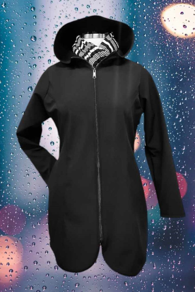 Hooded, long length waterproof and Windproof, fleece lined jacket black