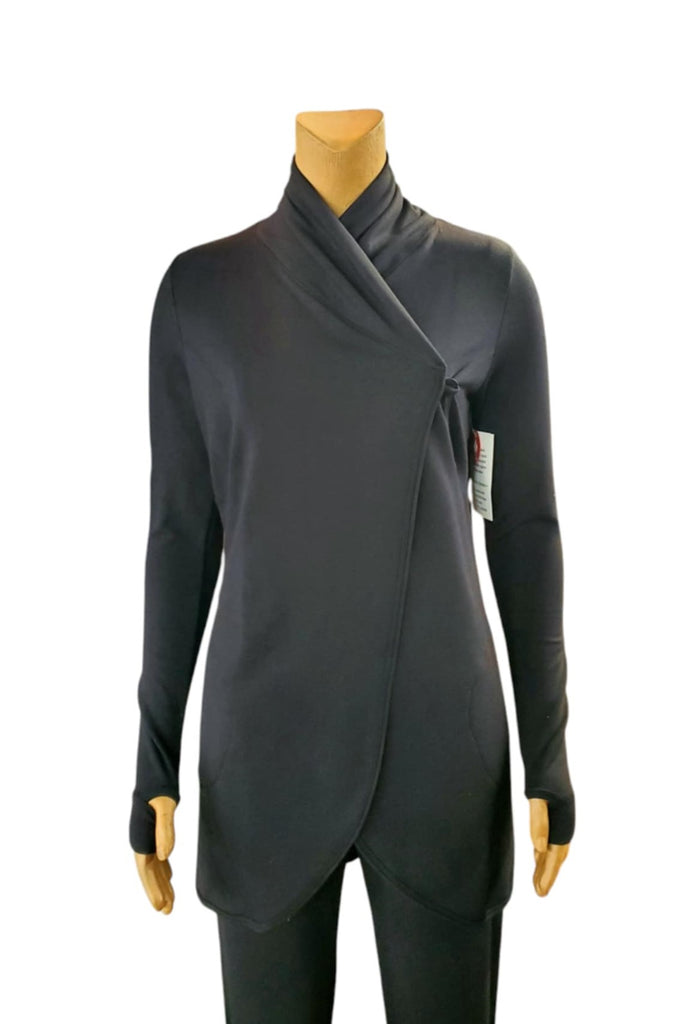 Black cocoon wrap for women with pockets, cozy and comfortable to wear, thumb holes in sleeves.  Made in Canada