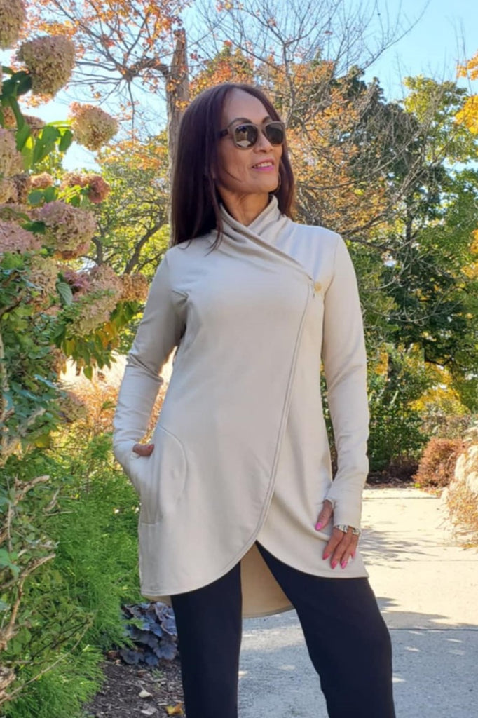 Cocoon wrap for women with pockets, cozy and comfortable to wear, thumb holes in sleeves.  Biscotti colour.  Made in Canada
