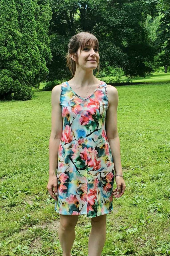 Floral print summer dress, wrinkle free.  Made in Canada