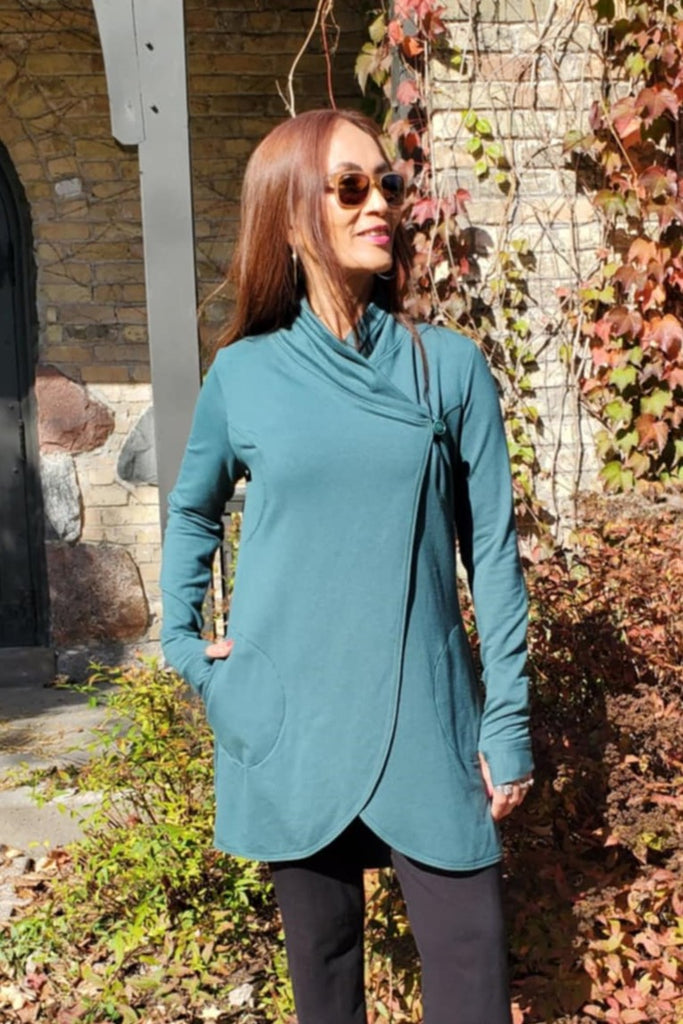 Cocoon wrap for women with pockets, cozy and comfortable to wear, thumb holes in sleeves. Evergreen colour.  Made in Canada