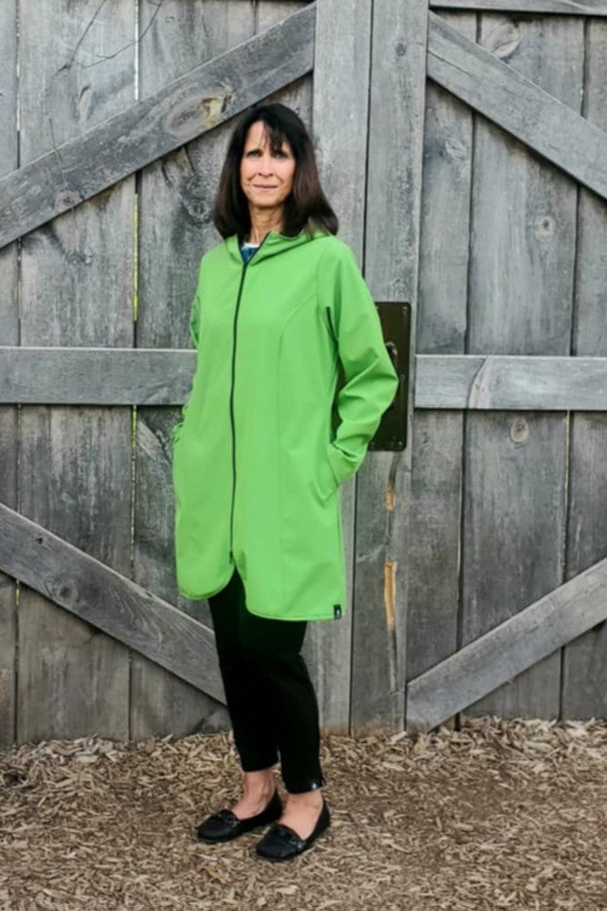 Hooded waterproof long jacket in red.  Made in Canada