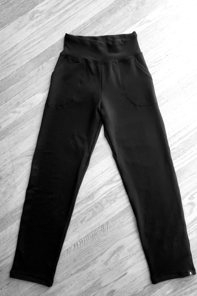 Bamboo high-waisted black pants with pockets.  Made in Canada