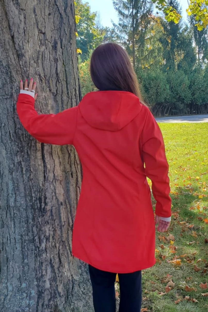 Long length waterproof and Windproof, fleece lined jacket red. Made in Canada