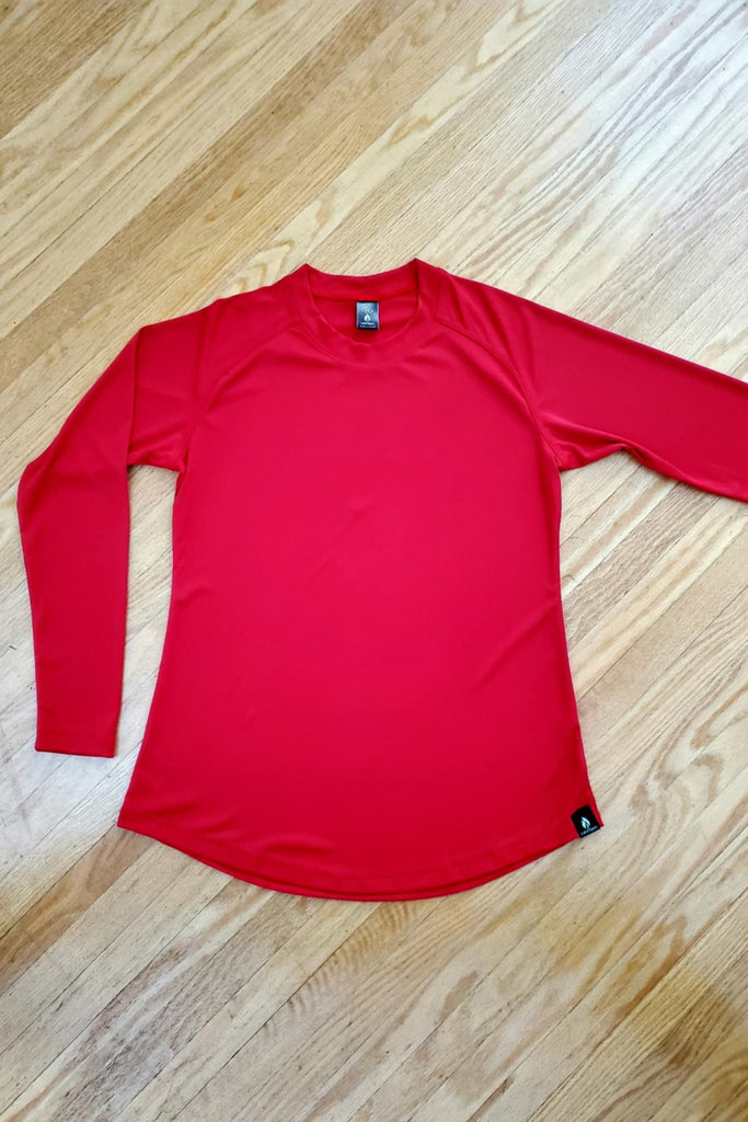 Breathable, fast-drying, wickable, non-toxic, fabric, red crew neck shirt with raglan long sleeve.  UV protective shirt