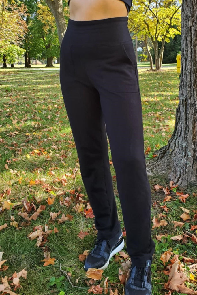 Bamboo high-waisted black pants with pockets.  Made in Canada