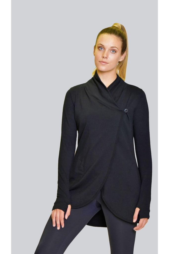 Black cocoon wrap for women with pockets, cozy and comfortable to wear, thumb holes in sleeves.  Made in Canada