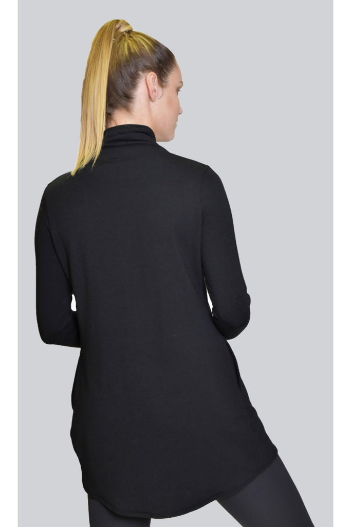 Black cocoon wrap for women with pockets, cozy and comfortable to wear, thumb holes in sleeves.  Made in Canada