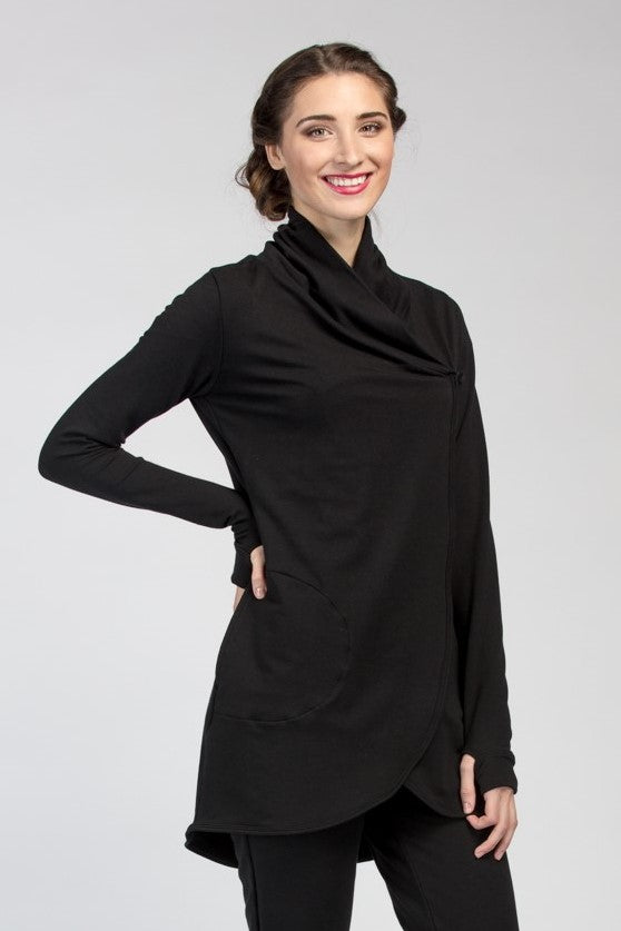 Black cocoon wrap for women with pockets, cozy and comfortable to wear, thumb holes in sleeves.  Made in Canada