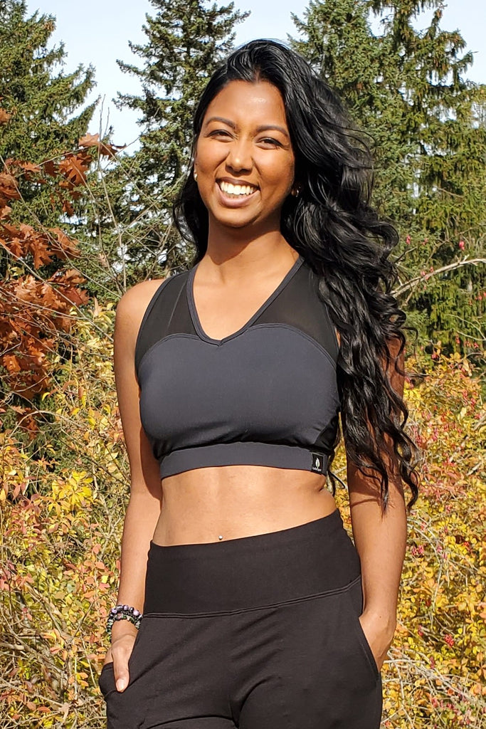 Full support, strappy black sports bra for yoga, pilates, gym wear.  Made in Canada
