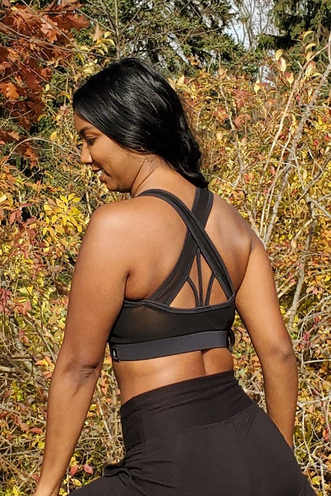 Full support, strappy black sports bra for yoga, pilates, gym wear.  Made in Canada