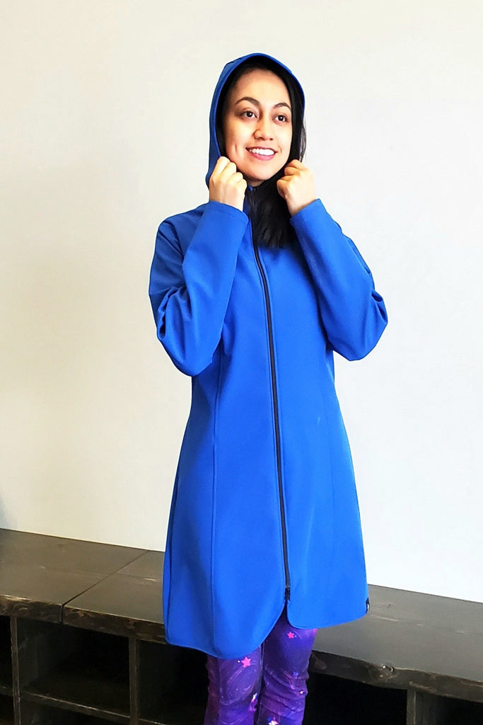 Long length waterproof and Windproof, fleece lined blue jacket.  Made in Canada