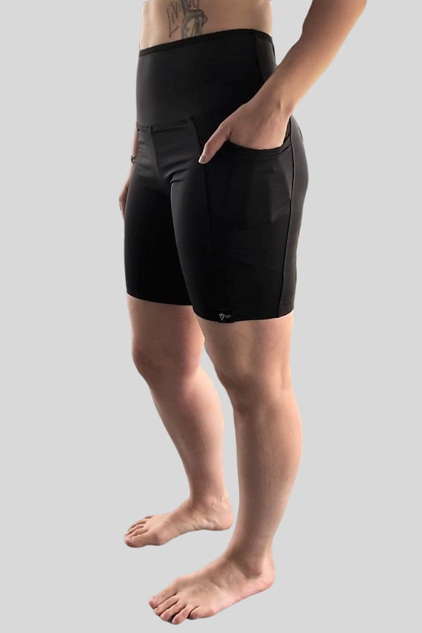 Black activewear shorts with side pockets.  Made in Canada