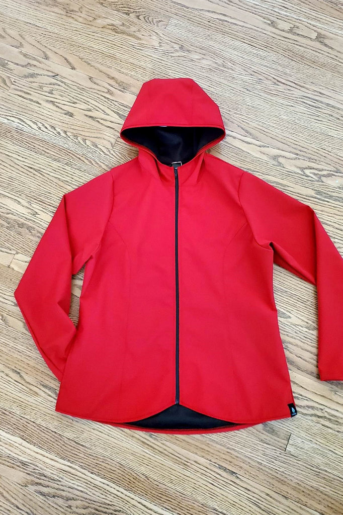 Hooded waterproof short jacket in red.  Made in Canada