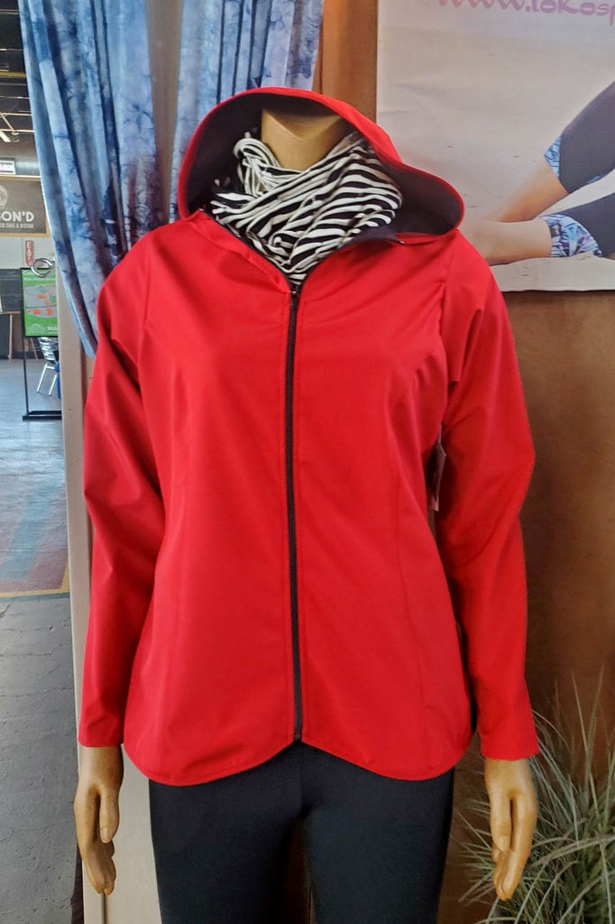 Hooded waterproof short jacket in red.  Made in Canada