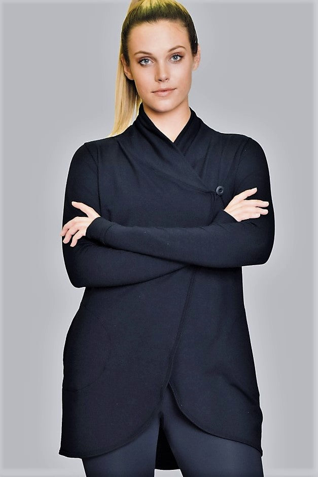 Black cocoon wrap for women with pockets, cozy and comfortable to wear, thumb holes in sleeves.  Made in Canada